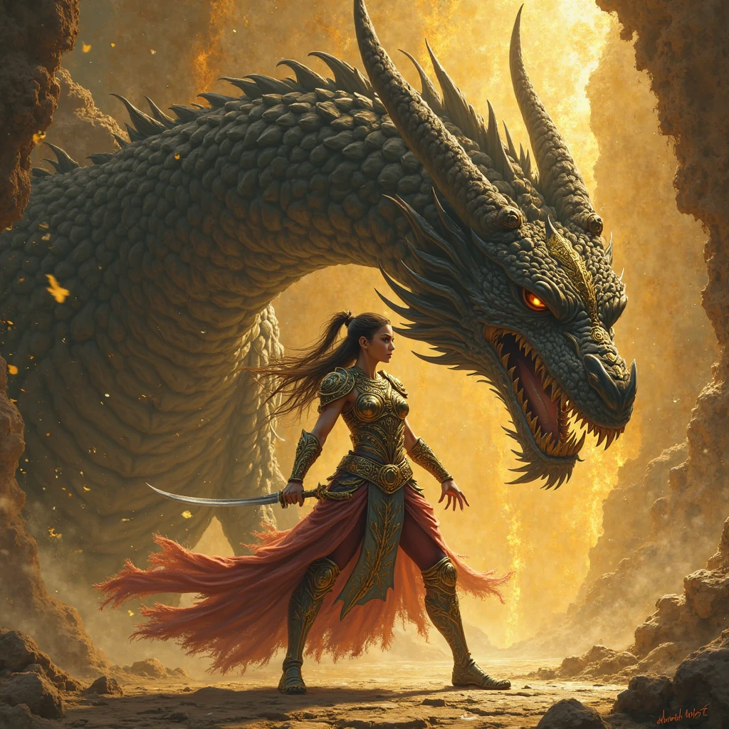 (dragon), woman, 1girl, Alone, far, small body, bracelets, multicolored hair, long hair, horns, dragon horns, anime style, high quality, best quality, flaking skin, scales, dark scales, leg with scales on the thigh, arms with scales, face with scales, dark skin, scaly skin, textured skin, dragon, paladin, warrior, half plate, brown scales, nsfw, armor
