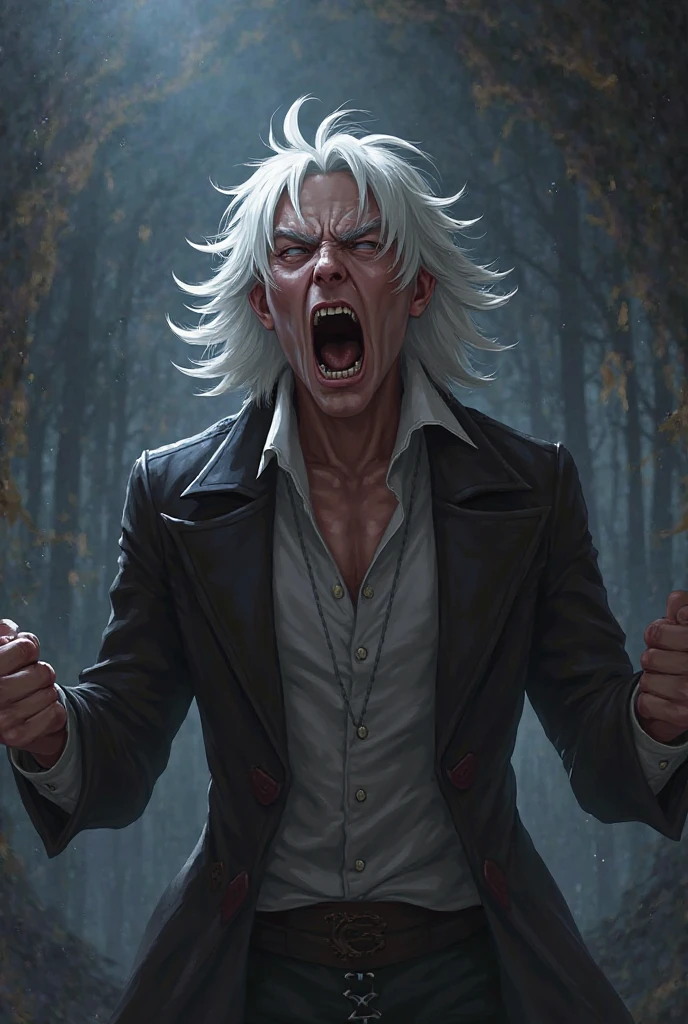 Angry Child male with very white hair screaming with bright eyes in the middle of the forest, at night, with a bright aura and rays around him, full moon in the sky, Realistic, Full HD, Best Quality.