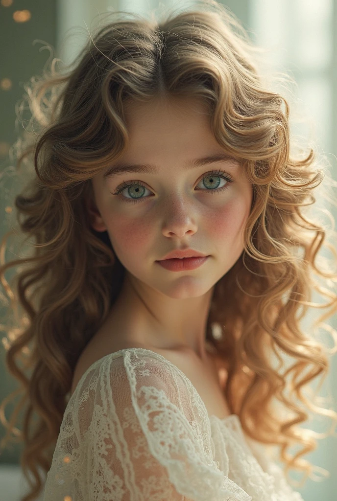 wedding dress for curly blonde long haired girl with blue eyes, darkness