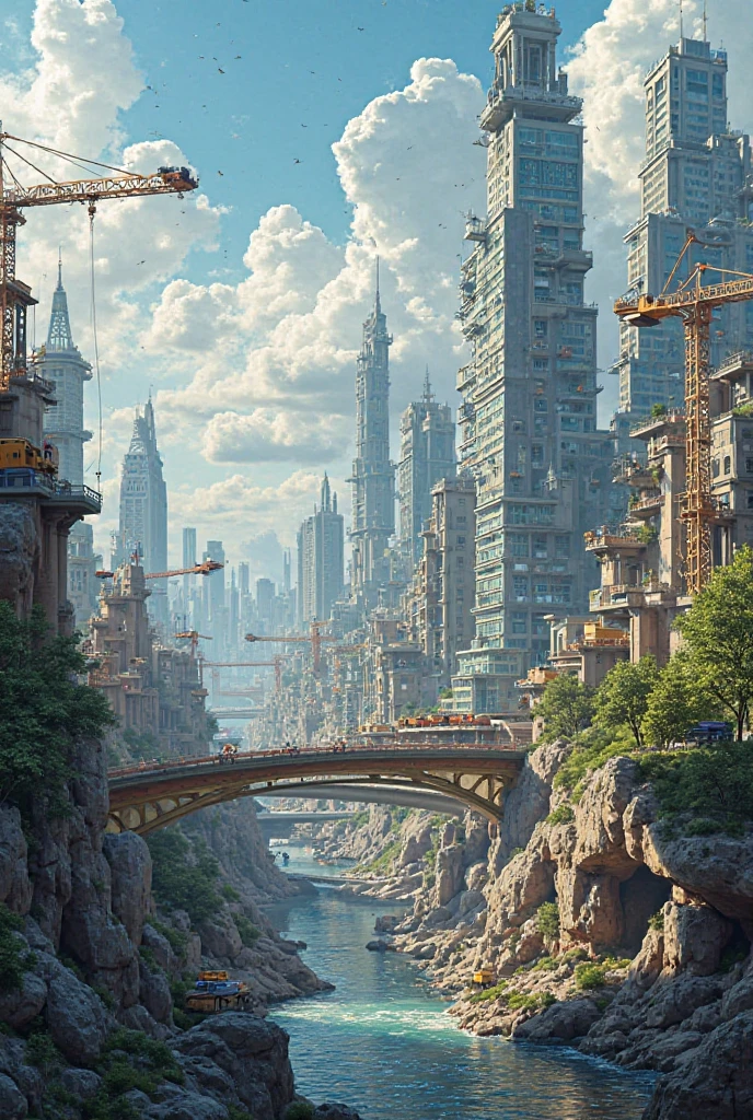masterpiece, best quality, 16K UHD,
futuristic, cutting-edge,
floating cityscape,
dazzling, shiny, reflective surfaces,
bejeweled with ultramodern architectural marvels,
huge urban high-tech tablet platform, hovering above,
airships of varying sizes, drifting serenely in the sky,
futuristic technology intertwined with nature,
transparent paths connecting buildings,
lush greenery cascading from terraces and roofs,
sky gardens suspended in the air,
cascading waterfalls, painting the cityscape with shimmering reflections,
m