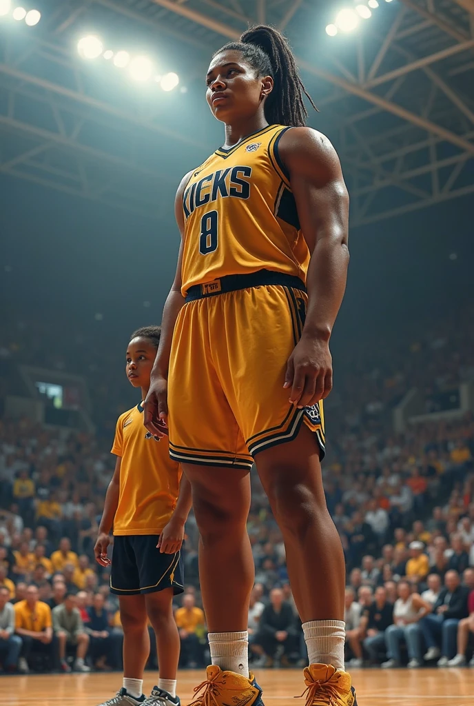 (best quality,highres:1.2),ultra-detailed,(realistic:1.37),(studio lighting),(professional),(vivid colors),sharp focus,portrait,boys,basketball court,yellow jersey,sneakers with yellow accents, basketball in hand,knee pads,soda