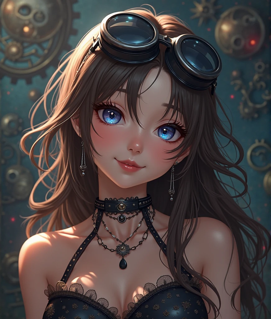 hot brunette, no hair, light brown hair, slingshot short white swimsuit, collar, big breasts, nipple showing, naughty face, naughty face, big nerd glasses [nsfw not explicit]