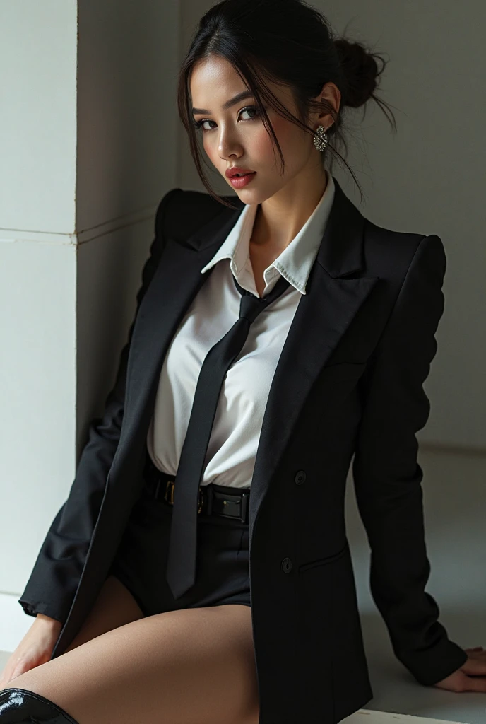 best quality, masterpiece, 1girl, Beautiful face, (photo realistic:1.3), rim lighting, (high detailed skin:1.2), 8k uhd, dslr, high quality, high resolution, 4k, 8k, Bokeh,  absurdres, best ratio four finger and one thumb, (realistic:1.3), cute 1girl, wearing black formal blazer, medium breasts, short skirt,