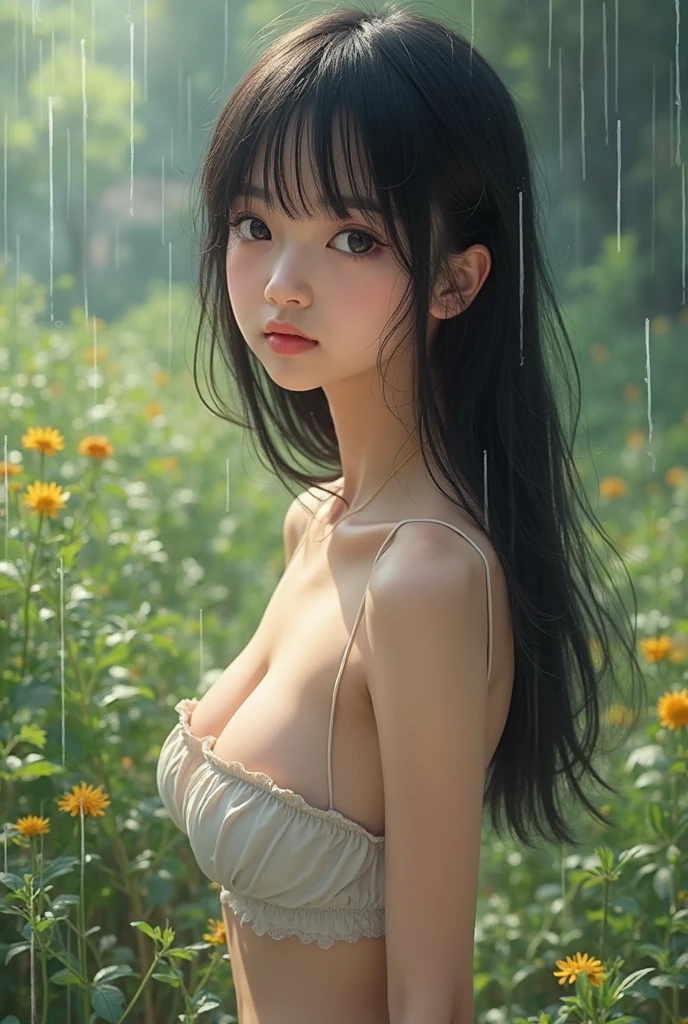Short and skinny girl，Black Hair，The belly button is visible，Flower Field，slender，skinny，View your viewers，Small breasts，nude，Raised ribs，Unhealthy，Pathological，Fair skin，Extreme weight loss，Japanese women，malnutrition，