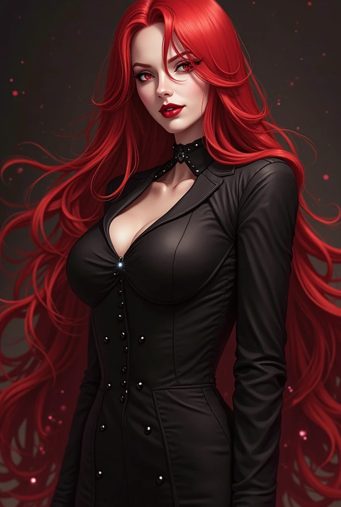 (Masterpiece - Ultra-Detailed, High Resolution) ((vivid red hair)), mature woman, 30 years old, diamond face, red starry sky background, depth of field, magic, big red lips, ((dark and black eyes)) black and red long and full dress, covered chest, mystical atmosphere, ominous shadows, Intense blue aura, Intense red aura (best quality:1.2), absurdres, intricate details, (highly detailed skin:1.2), smile expression, posing, taut and well defined body, attractive. Highly realistic, pale skin, beautiful, hyperrealism, skin very elaborated, direct gaze