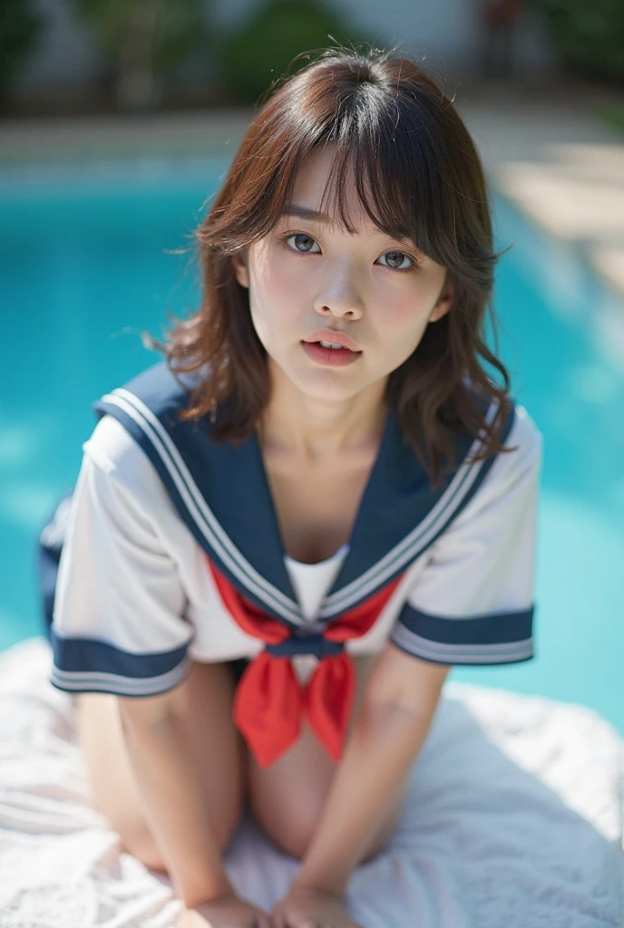 half-sleeved, (masterpiece, highest quality:1.2), 8K, official art, RAW photo, incredibly absurd, (whole body, sailor suit:1.4), beautiful 3girls, 18-year-old、cute face, arch back, (navy pleated skirt:1.1), ,, , short sleeve, gardenia, violaces, 、、looking at the viewer, film grain, chromatic aberration, sharp focus, face light, dynamic lighting, cinematic lighting, detailed eyes and face, background bokeh, 、、3 girls、blush、look at the viewer、(huge breasts:1.2)、wet hair、shiny hair、wet face、wet skin、wet body、wet costume、、、Depth of bounds written、pointed red mouth、red mouth,clavicle、beautiful fingers、、cute wet face、Wet clothes that stick to your chest、Wet and see-through clothes、short hairstyle、, the abdomen is visible,cleavage is visible, anatomically accurate body,