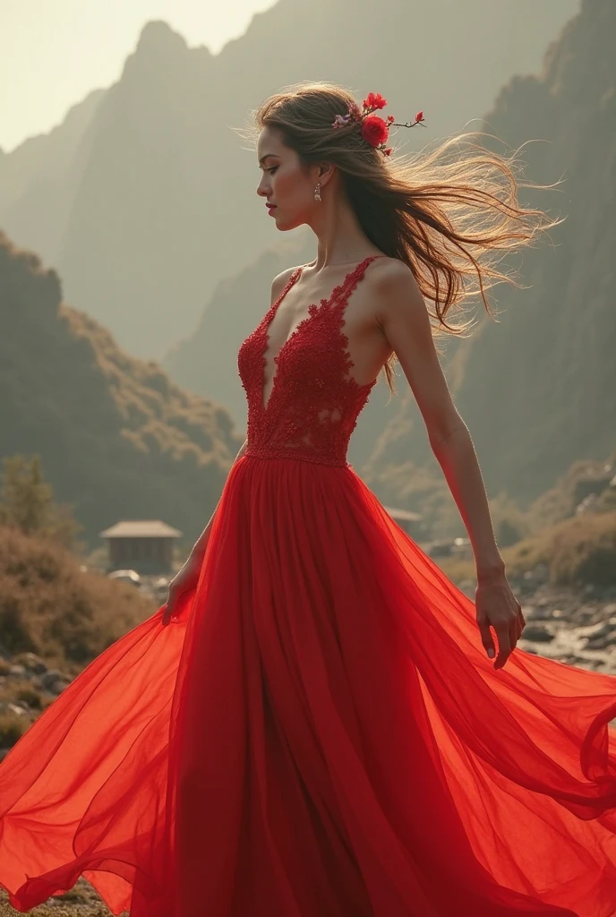 A beautiful girl: standing on a barchan in the desert, in a long red dress that develops in the wind, against a cloudy sunset sky, 8k resolution, masterpiece, cute face, artstation digital painting smooth veryBlack ink flow: 8k resolution photorealistic masterpiece: by Jean Baptiste Mongue: calligraphy: acrylic: watercolor art, professional photography, natural lighting, volumetric lighting maximalist photoillustration: by marton bobzert:, complex, elegant, expansive, fantastical, wavy hair, vibrant