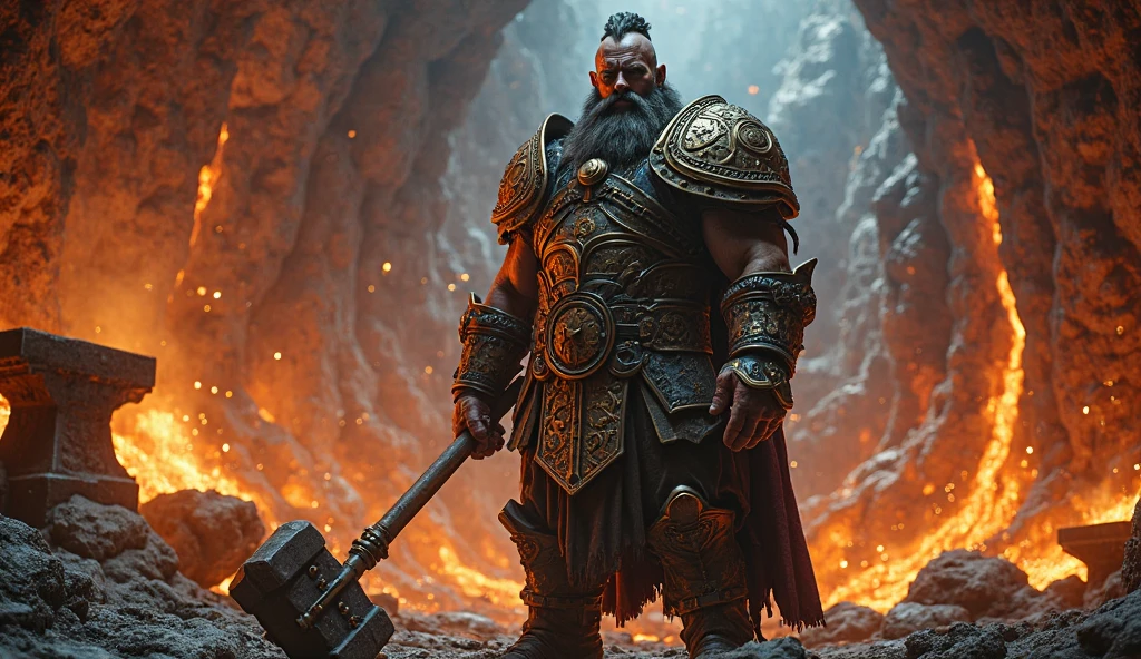 A dwarf with fiery eyes, With a huge magic hammer, metallic skin