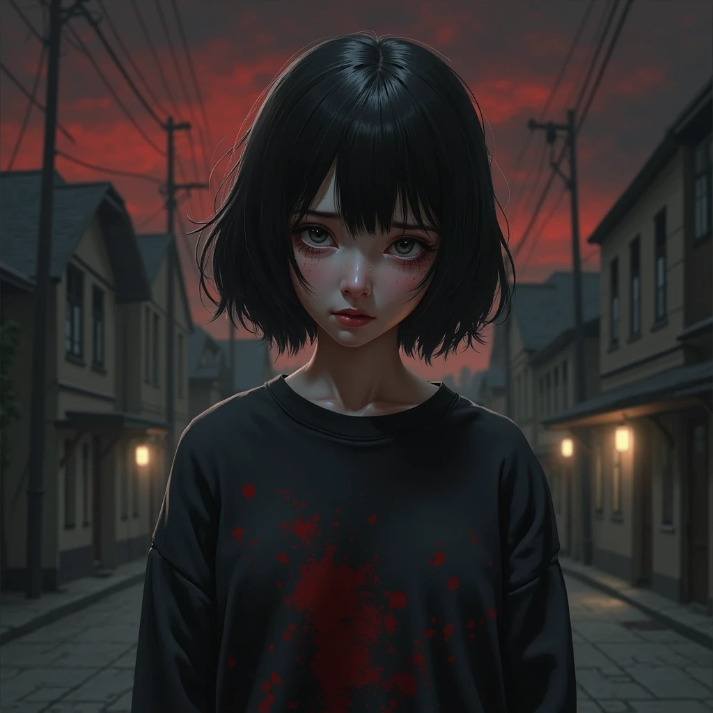 ((masterpiece,best quality)), highres, extremely detailed 8K wallpaper, depth_of_field, abandoned alley, night, ghost of an adult woman, 40 years old, dress, horror, scary, she is covered in blood, pale skin, short hair, empty eyes, evil,