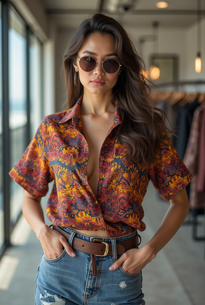 A stunning intricate full color portrait of a 28 year old woman, hawaiian shirt and shorts, Jurassic Park movie set, epic character composition,by ilya kuvshinov, alessio albi, nina masic,sharp focus, subsurface scattering, f2, 35mm, film grain <lora:evastr:1>