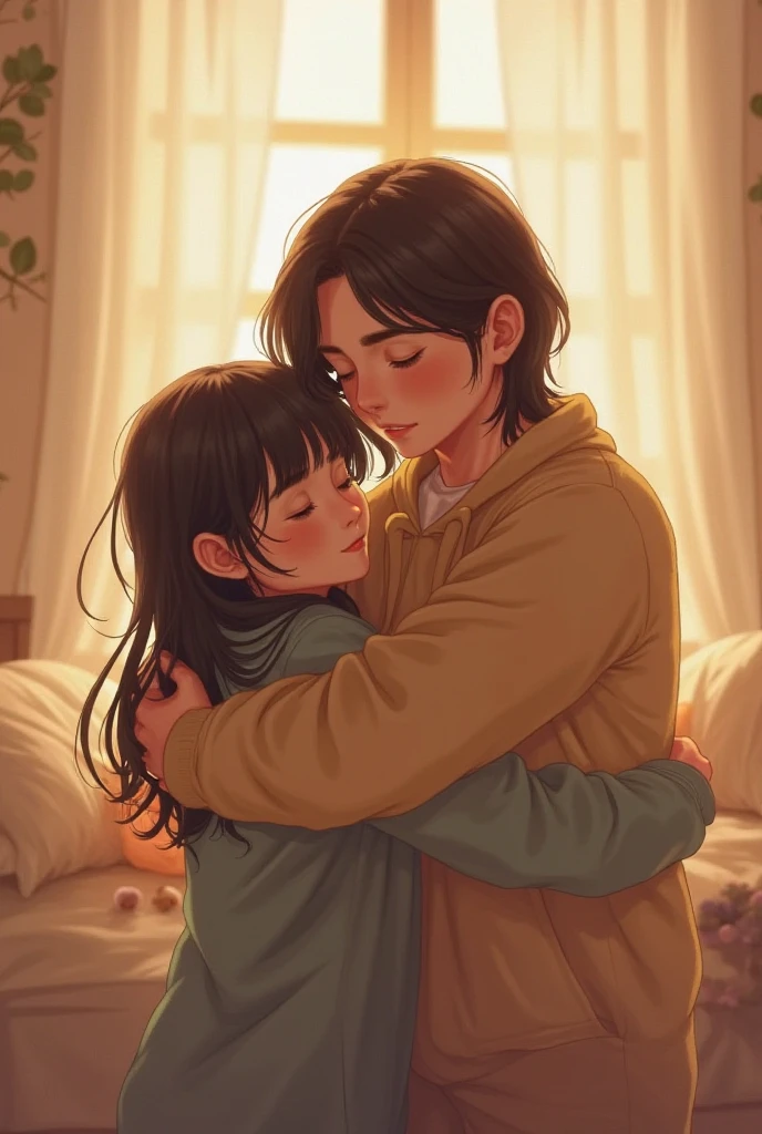 A girl curled up on a boy's lap. The boy is holding the girl.