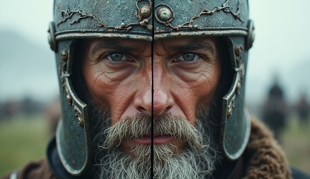 Close-up of a ((extremely handsome old man warior)) , half human, half machine, their faces a bit partially obscured by military helmets. Their eyes are filled with sadness and longing. The background is a trail of blood and violence. He wears a mechanized robot armor, carved with animal elements, human skulls. The sky is filled with swirling, fiery clouds. The photo conveys a strong sense of the warrior's appearance