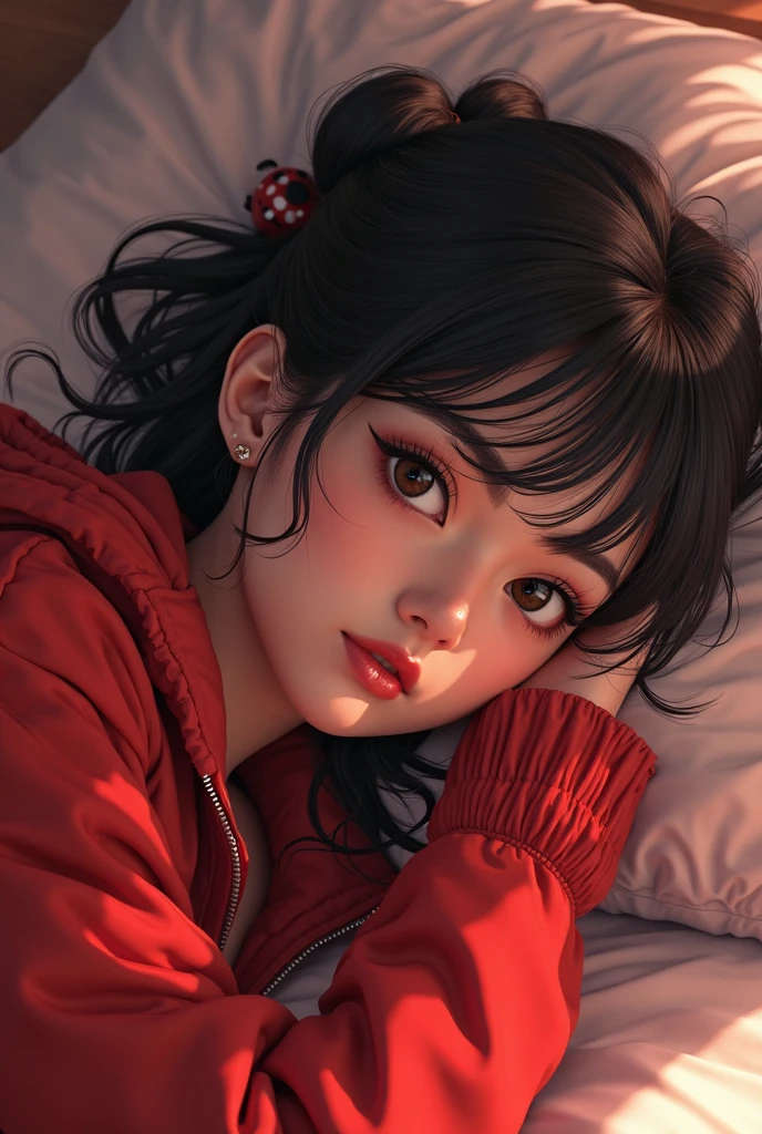 ((best quality)), ((masterpiece)), (detailed), perfect face, Beautiful tall Japanese Woman sleeping, asleep, long flowing hair, red lipstick,  nude, Large Breasts, perky nipples, , long thin legs, thin waist, legs spread, small pubic hair King size bed, four post bed, fetal position, dim candle light, dim lit room, dark red sheets, satin sheets, 