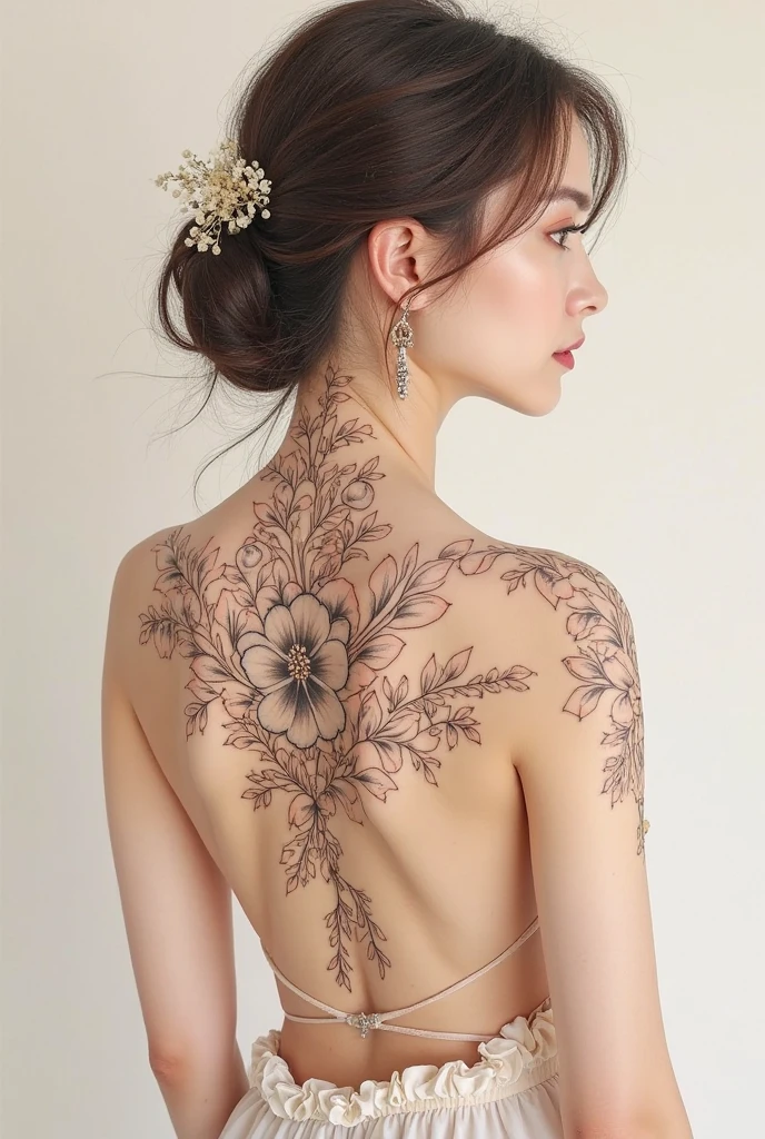 A lovely woman, kneeling with her back to the viewer, delicate flowers tattooed on her bare back, professional photography, high quality, detailed, photorealistic, soft natural lighting, warm color palette, serene atmosphere, intricate tattoo details, graceful pose, beautiful skin tones, cinematic composition, dramatic shadows, depth of field (safe for work)