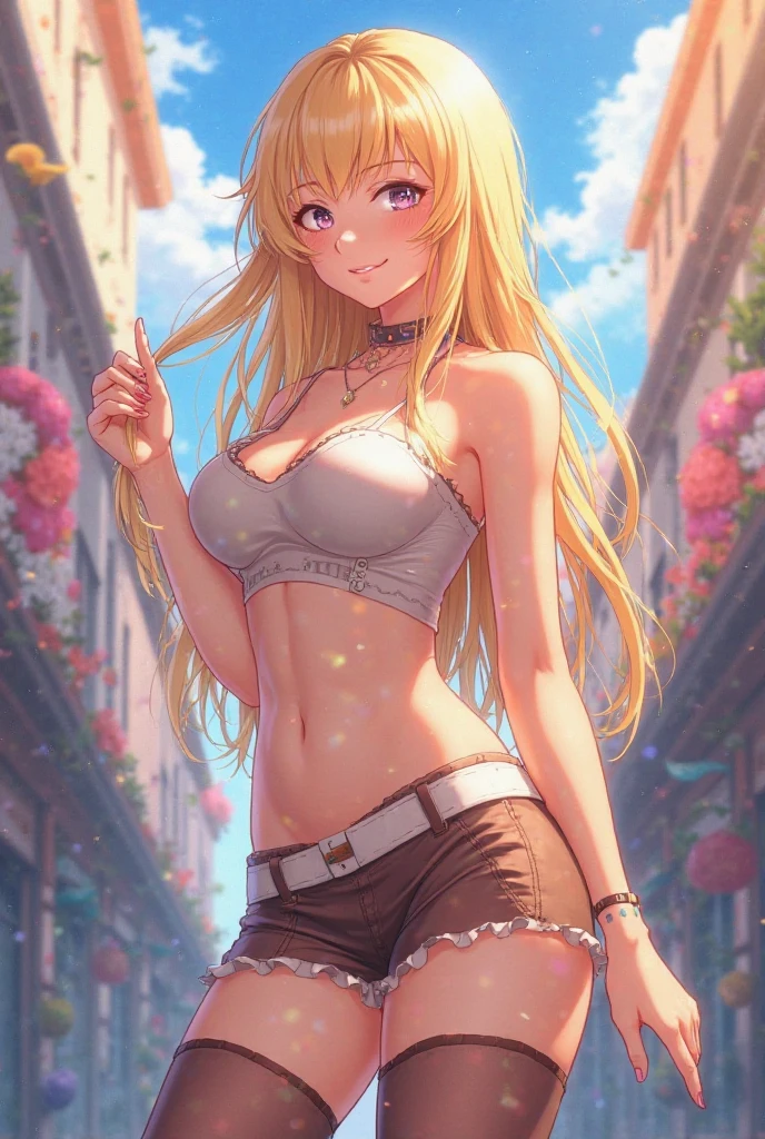 girl,Young,、teenager、(masterpiece,Highest quality),Street、Completely ?????,Bare shoulders、Gal、Blonde、passionate、long hair、(Underboob),(Big Breasts),Cleavage,(stomach),Black mini bikini、looking at the camera、barefoot、damageジーンズ、damage(Very short denim shorts),(Ultra Micro Shorts),Strong winds、No underwear、solo、Are standing、barefoot、City、Embarrassing、Peeing