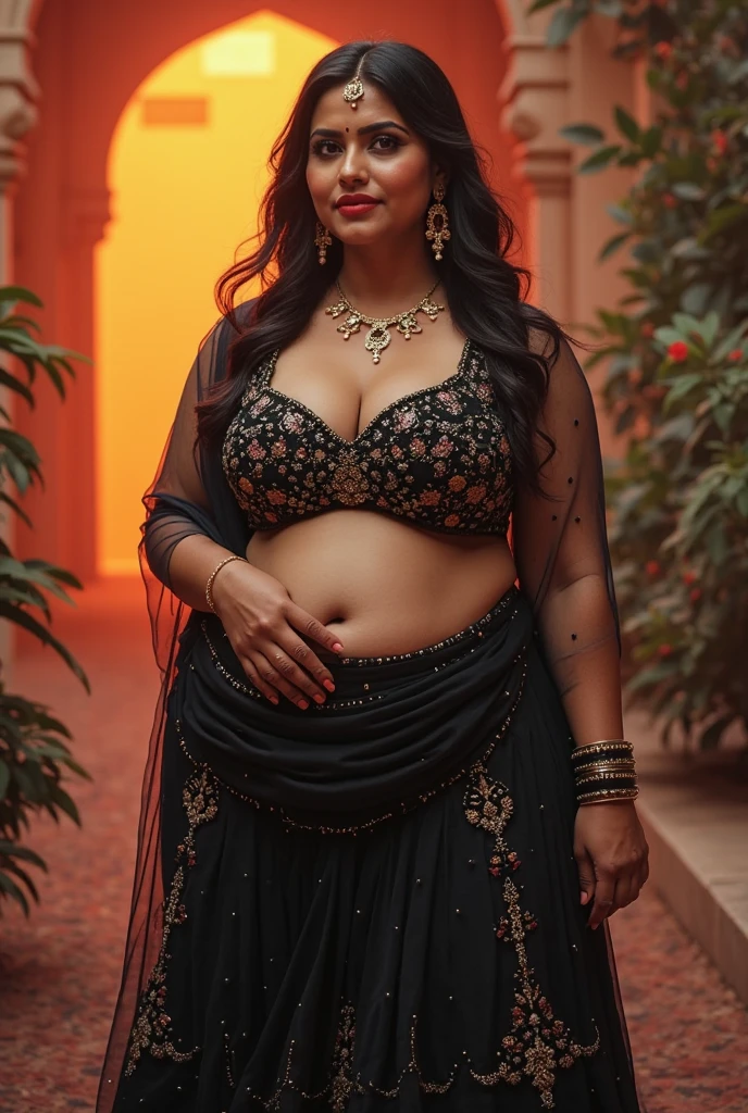 Generate an 8k, ultra-high definition cinematic masterpiece of a beautiful plus-size woman with a big curvy body and plump face. She should have a heavy chest with a deep, glowing cleavage, emphasized but tastefully presented. Capture her in a full-length frame, standing confidently in a modern, fashionable sari that is light pink and black in color, with a crop-top style blouse. Her skin should be smooth and spotless, her black wavy hair with bright highlights styled in the latest design. Focus on her beautiful eyes with intricate iris patterns and long eyelashes, set against a luxurious background.