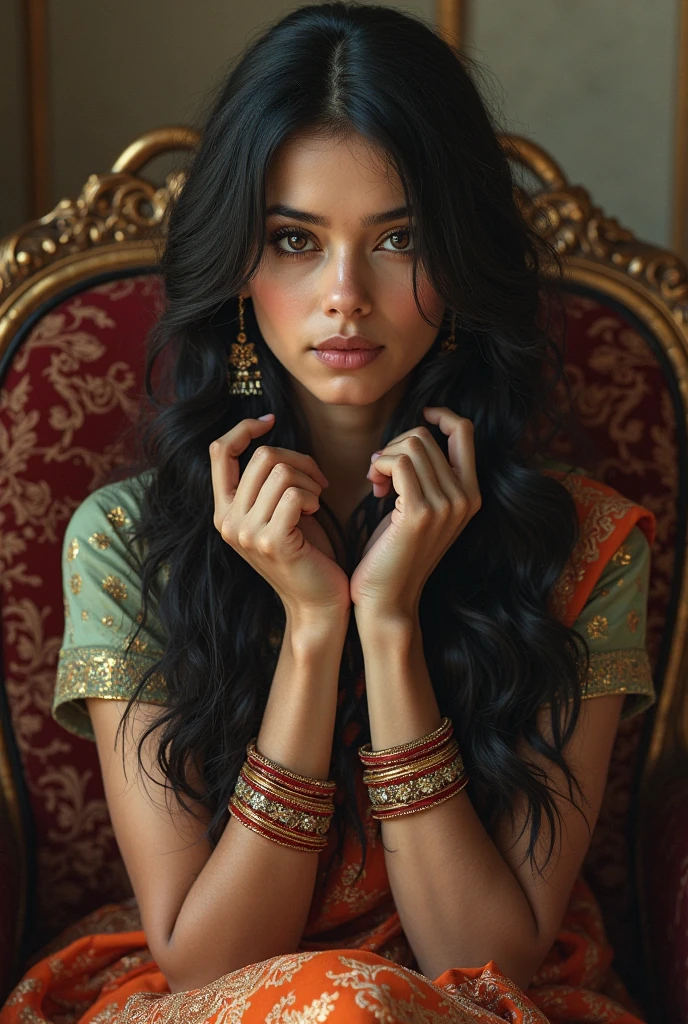 beautiful detailed eyes, beautiful detailed lips, extremely detailed eyes and face, long eyelashes, 1girl, 18 years old, tight black clothes, voluptuous breasts, golden bangles, bracelets, necklaces, swiss golden watch, in classroom, shy expression, (best quality,4k,8k,highres,masterpiece:1.2),ultra-detailed,(realistic,photorealistic,photo-realistic:1.37),portraiture,fantasy,warm color tones,dramatic lighting