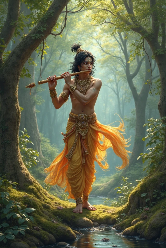 Generate a image if lord krishna of 21 year handsome anime black and white soft blur looking mature and aesthetic with more pankh and basuri and in dhoti setting on a tree. Full photo with scenary
