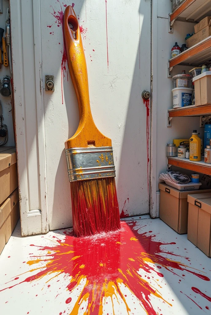 Paint bucket, red paint, fallen red paint