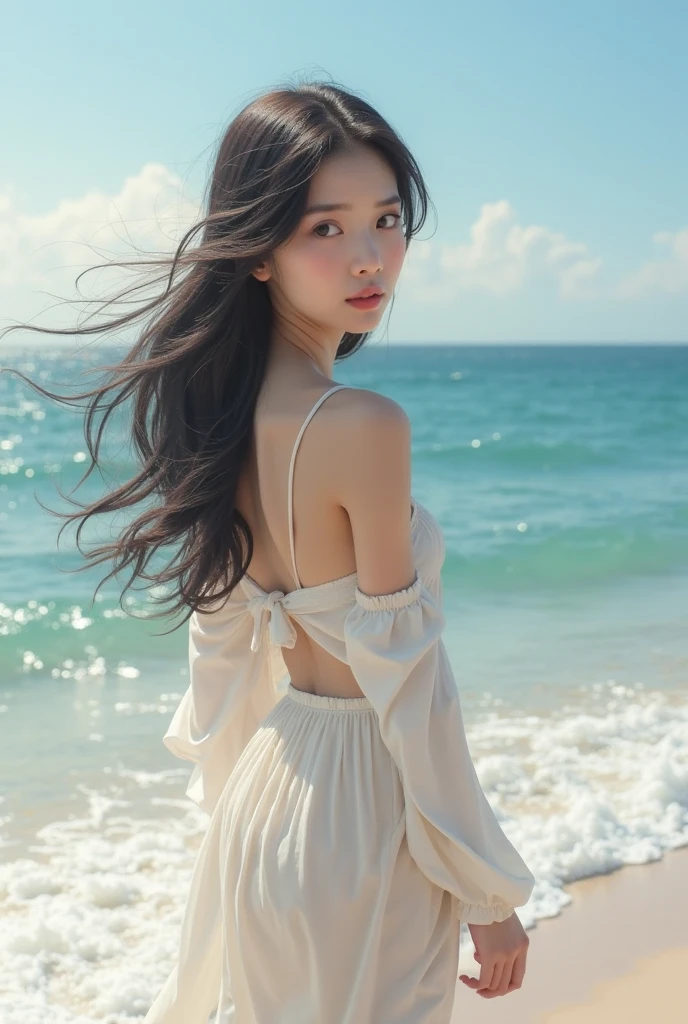 (RAW Photo: 1.2), (Photorealistic: 1.6), (Masterpiece: 1.3), (Best Quality: 1.4), HI-RES, HDR, 8K resolution, Check Comments, (Complex Detail: 1.6), (Volume Light), random place, 1girl, solo, beach, tree, cloud, (Clavicle: 1.5), dress, , , long_hair, long_sleeves, simple_background, solo, topless, (middle chest: 1.5),