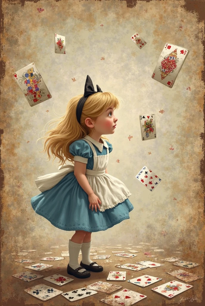 concept art, alice in wonderland,girl, harmless appearance, playing cards,young, fragile, JK, Innocence, pale skin, light brown hair, blue eyes, comic style, victorian era, Steampunk, Arthur Rackham, John Tenniel