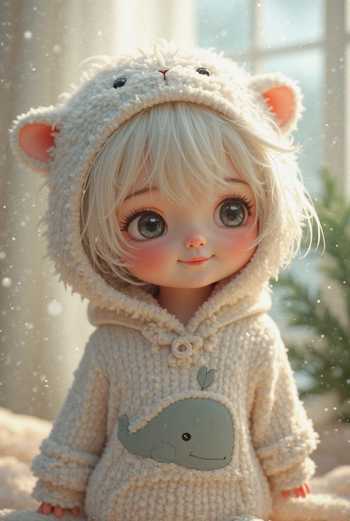 Create a young character with a playful look, white hair and wear a whale hoodie