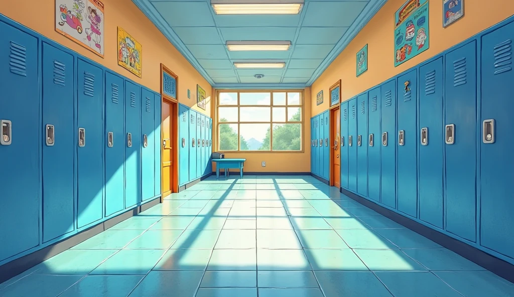 "A school corridor with blue lockers on both sides, bright tile floors ...