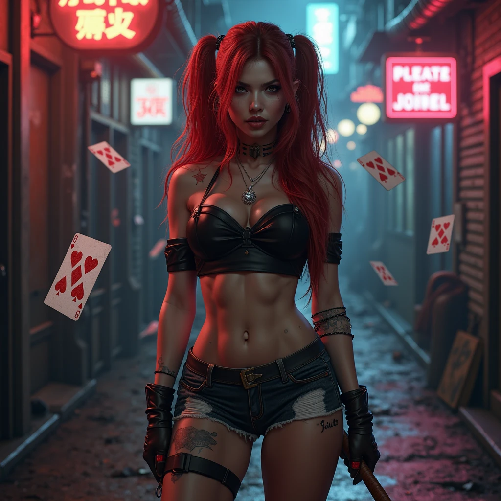 bits of color, bet casino chips, hand drawn, RED, gritty, realistic sketch, Rough sketch, mix of bold dark lines and loose lines, bold lines, on paper, samurai cyborg girl, leaves, animals, runes, dark theme, cyber punk,have big money. RED hair heart Queen