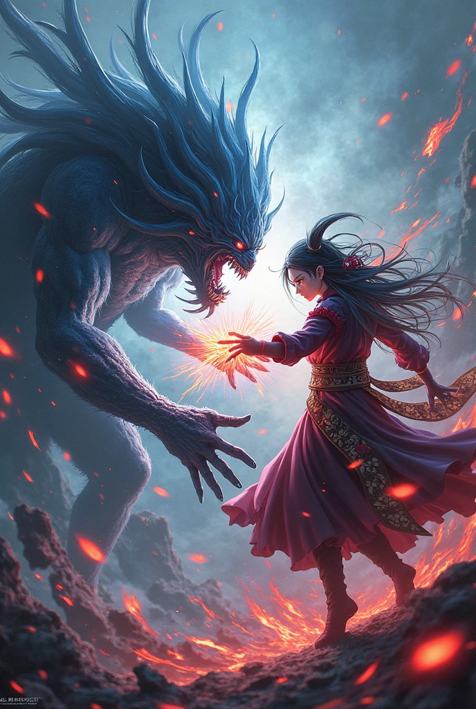 Dragon breathing purple flames to a child