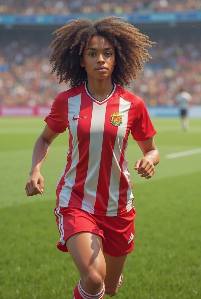 A female football fan wearing a curly wig in three colors: red, white, and blue, standing in the stands of a football stadium. The fan is dressed in a white T-shirt and patterned shorts. Around her neck is a red phone lanyard with a phone attached. She is holding a red noise maker in her right hand, and she has a small flag sticker on her