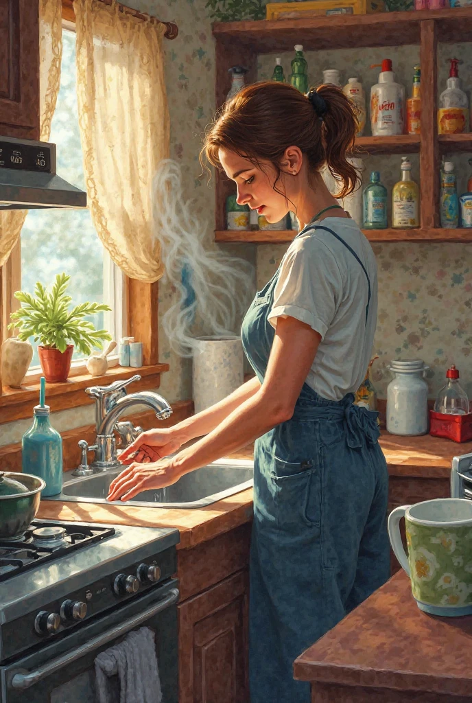 A European woman living in a dark village is in the small kitchen of her little house with her back turned, wearing a long, loose white blouse and black panties, She is on the kitchen counter tidying things up. ela tem cerca de 20 anos, has blue eyes, skin fair, A tired expression, but happy, shoulder length hair with highlights on the forehead