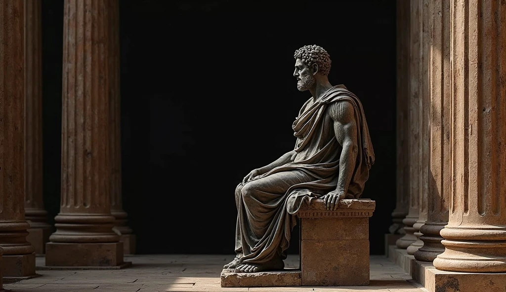 Seneca's statue of a man sitting standing in the Greco-Roman temple at night, Illumination of the Dark Night Moon, divino e estoico, Estoicismo, estoico and calm, stoic, Stoic attitude, Pose estoica, eStoic face, philosophical, philosopher, classical statue, Marble statues, eStoic facial expression, an ancient greek statue, greco roman statue, templo greco-romano