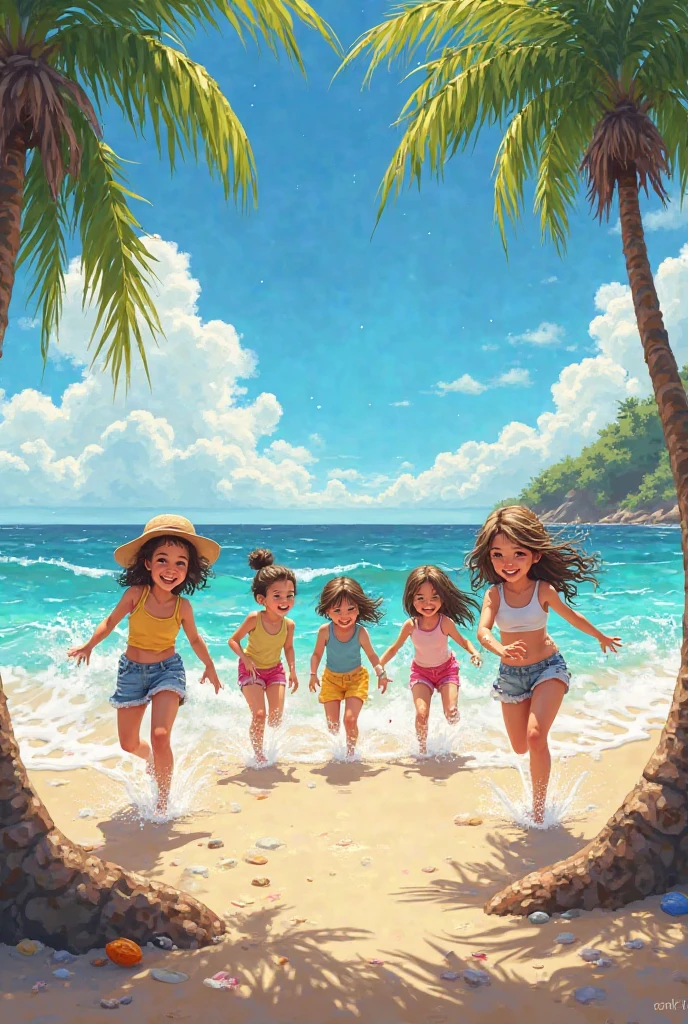Create a painting with 3 children running on the beach, realistically rendered using the pointillism artistic technique.