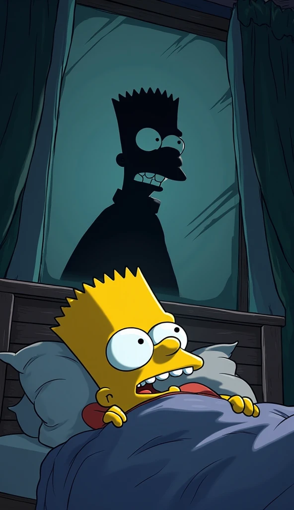 In Bart Simpson's room, dark and silent, a whisper echoes. In the reflection of the window, the sinister shadow of Ted Flanders can be seen smiling. Bart, lying in bed, widens his eyes in panic.