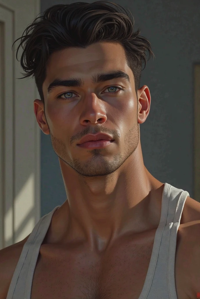 1 man with no shirt on standing on a ledge in front of a window, handsome realistic face with detailed facial features, handsome chad chin, shirtless, shiny wet lustrous erotic muscles, showing his belly button with hair downwards, shirtless, bare chest, mega muscles, mega large pecs, super large pink erect prominent big nipples, big biceps, grey hair, skyscrapers background, illustrations art, digital art, depth of field, shadow, shadow,