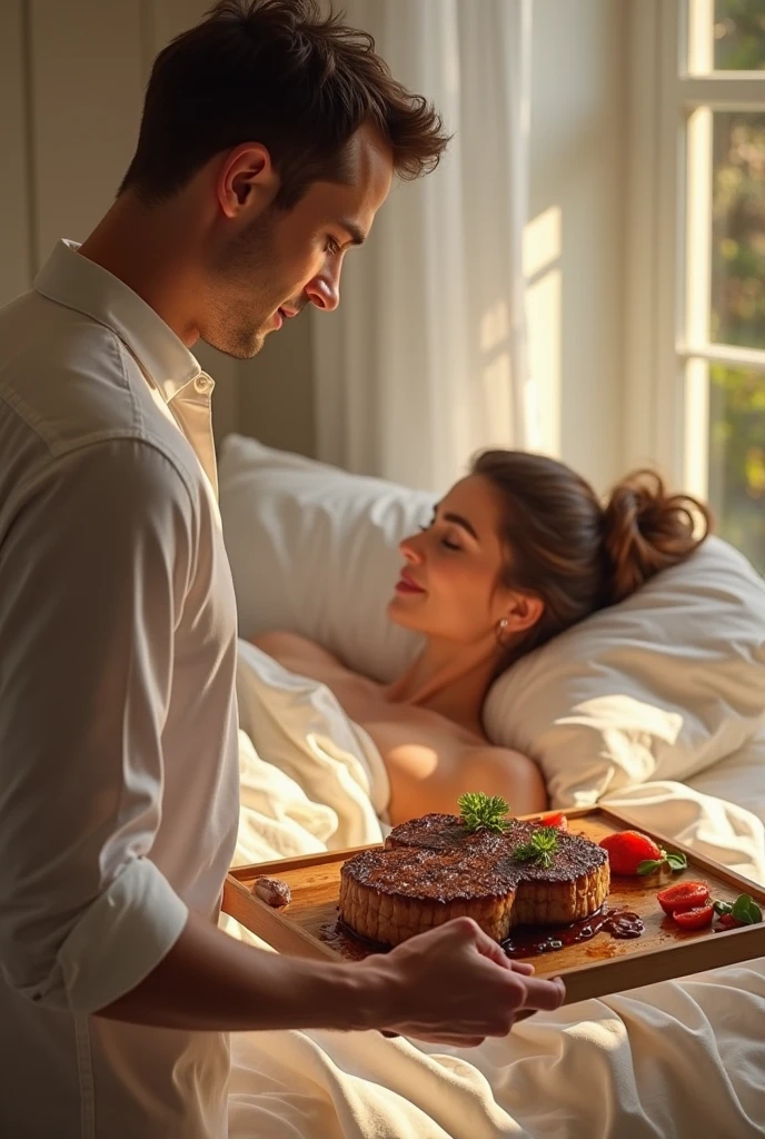 Husband and wife eating on bed husband half naked and wife with bra
