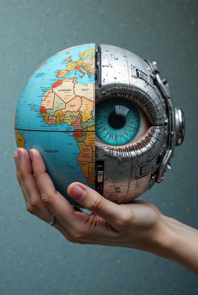 A robotic hand with a globe I. Drawing of an eye inside the globe with a small boy sitting on top of the globe with his head down