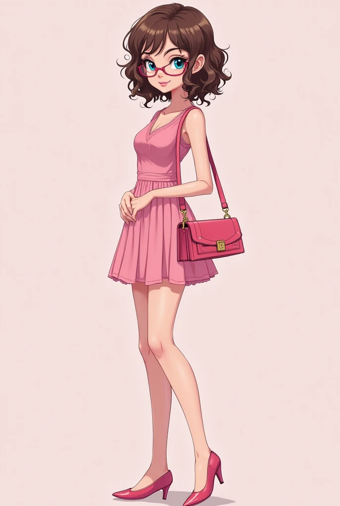 Young woman in handcuffs, anime, short floral dress with a neckline, Wedge sandals, knee-high stockings, hands behind your back, full length, view from the back