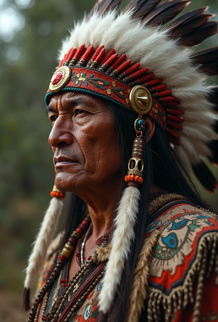 "(best quality,highres,masterpiece:1.2),extremely detailed face of a Mohican Indian chief,traditional headdress,fierce expression,deep-set eyes,bold nose profile,strong jawline,stern lips,weathered and wrinkled skin,majestic presence,shoulder-length flowing hair,feather accessories,crossed arms,background of dense forest,soft sunlight filtering through the trees,earth-toned color palette,subtle shadows to accentuate features"