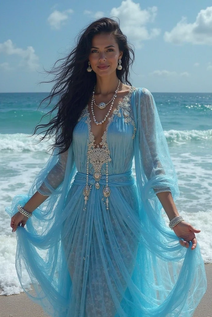 8k, RAW photo, best quality, ultra high resolution, (photorealistic), realistic photo of arabian girl, (20 years old, most beautiful arabian girl in the world, slim face, tanned skin, black hair with silver inserts), on the desert beach of the ocean, ocean beach, ocean, waves, sand dunes, sunrise, bright light, wind blowing raising the sand, (full body picture), sensual, wearing silver translucent arabian woman dress, (silver translucent arabic dress), wearing jewelery, arabic jewelery, looking at viewer, seductive face, (extremely detailed CG unity 8k wallpaper), Sharp focus, (bright light)