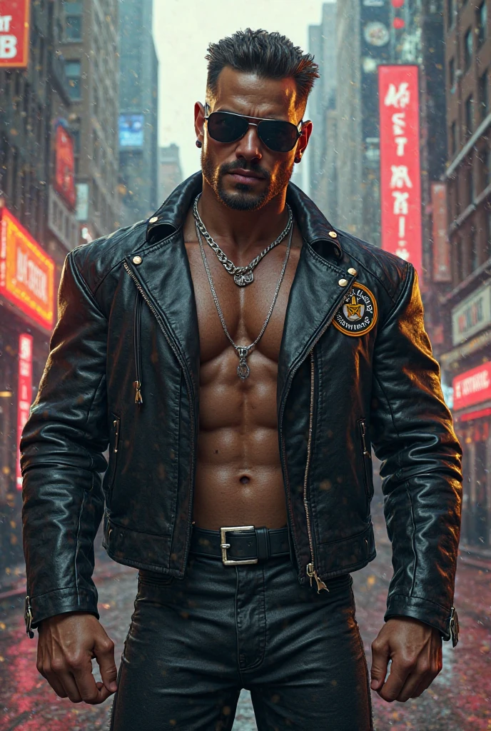 cyberpunk, musician, neon light avant-garde oversized shield sunglasses, wearing a open leather sleeveless vest ,neon lights, male, Hispanic, yelling, cyberpunk party in the street, bare chest, very handsome, tattoo, cyberpunk tech glasses