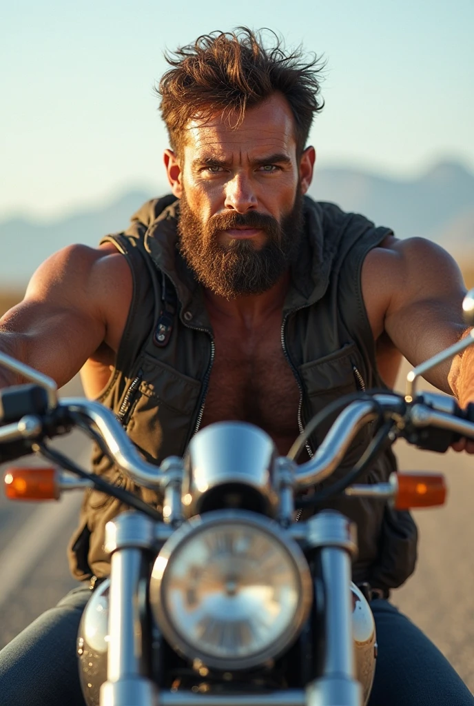 Strong hairy bearded mixed race man riding a motorcycle in white underwear.