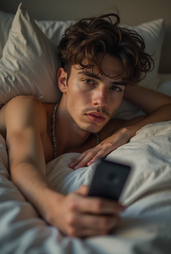 Man age 20 year old , muscular body , handsome , hand with veins , wearing T-shirt lie down on bed with no light , pretend sleep on bed , selfie and nipples