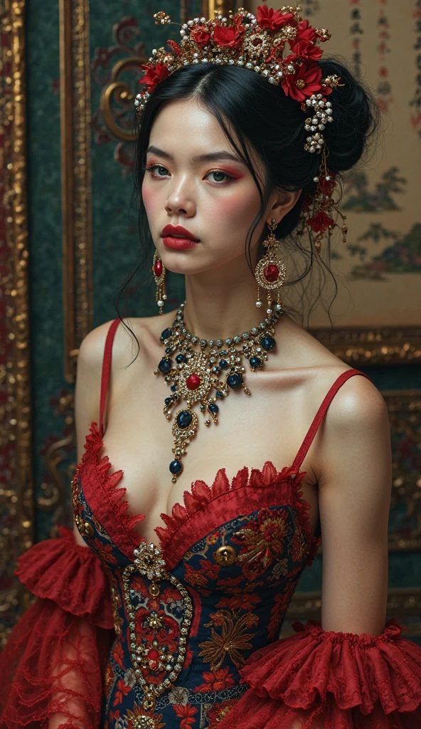 1980s 1990s asian centerfold, wearing victorian  dress, a high fashion photograph by Terry Richardson, Cardinal and Dark brown theme, style of Alphonse Mucha, Gustav Klimt,
dynamic pose, (full body:1), (masterpiece, best quality:1.4), skin texture, detailed face, detailed eyes, detailed mouth, detailed nose, detailed hands, detailed fingers,
<lora:add-detail-xl:1> <lora:DetailedEyes_xl_V2:0.5> <lora:xl_more_art-full_v1:0.5> <lora:epi_noiseoffset2:0.5> <lora:fix_hands:3> <lora:PhotoDetailXL:1> <lora:clear:2> <lora:FemaleGeneralizeHelper_V2_SDXLBase:1> <lora:repair_slider:1><lora:LCMTurboMix_DPM_SDE_Karras:1.0>