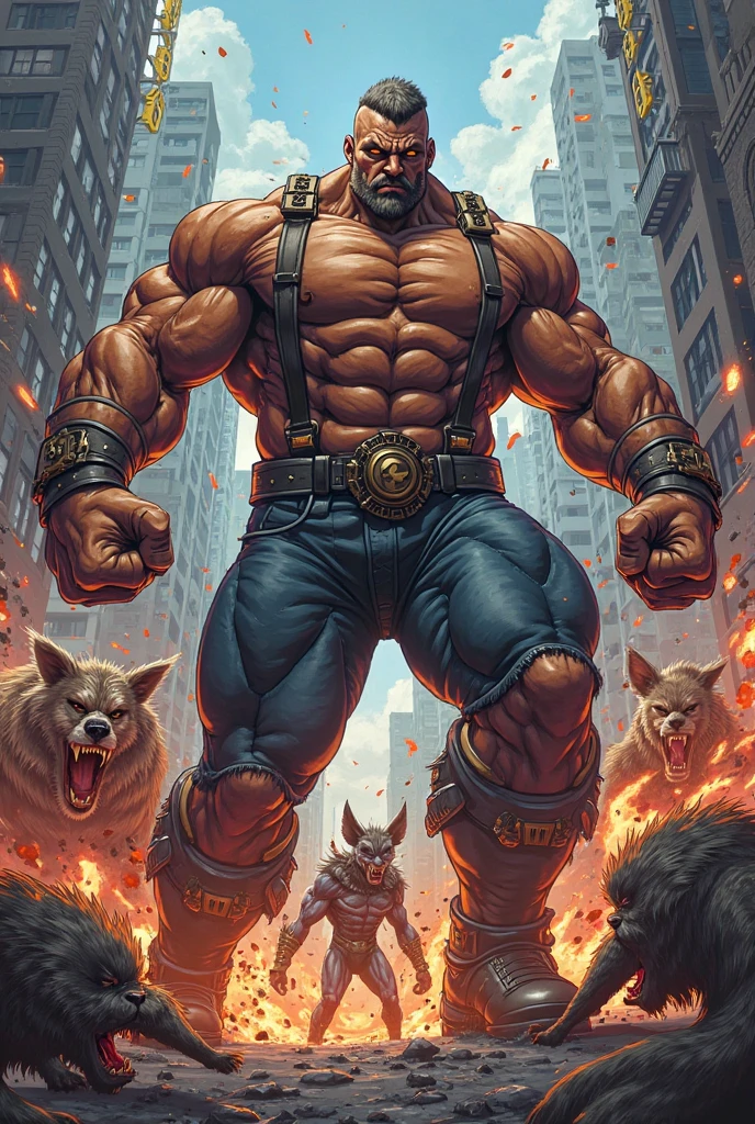 Gorilla orc, gorilla, male, Strong build, brown furry skin, chest hair, black beard, long sharp teeth, large thick lower canine teeth, thick pointed ears, (glowing eyes: 1.2), giant sized, no pants, larger than city, reclining on a battlefield, buckled boots, stepping on building, rampage, impact, his foot is breaking the ground, wearing a rag around waist, looking down, evil smile, thick arms, thick thighs, (large pecs: 1.2), fat pecs, (bara pecs: 1.3), macro, landscape dwarfing, city destruction, building destruction, ruined city, city on fire, city dwarfing, giant bulge in pants, tiny human soldiers