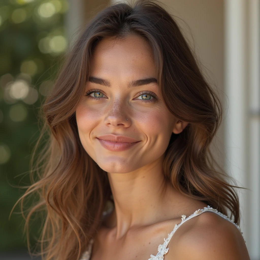 elle fait un sourire timide, maximise le contact visuel, petit rebond, jeune femme aux cheveux bruns, regard doux et confiant, légère inclination de la tête, décontractée mais attentive, vêtements simples mais élégants, dans un décor naturel d'extérieur calme, lumière douce et diffuse, 8k, ultra-détaillé, photorealistic, professional portrait photography, studio lighting, vivid colors, warm palette