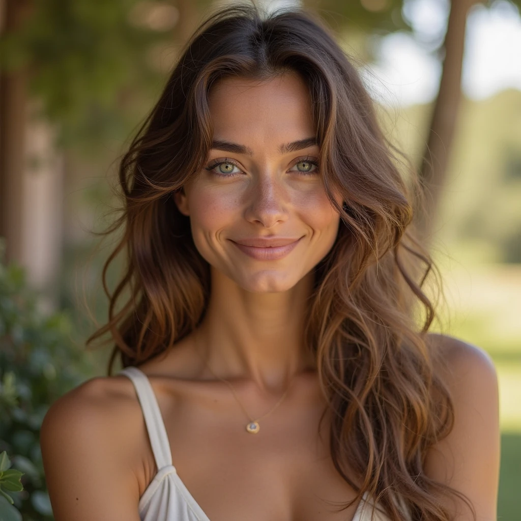 elle fait un sourire timide, maximise le contact visuel, petit rebond, jeune femme aux cheveux bruns, regard doux et confiant, légère inclination de la tête, décontractée mais attentive, vêtements simples mais élégants, dans un décor naturel d'extérieur calme, lumière douce et diffuse, 8k, ultra-détaillé, photorealistic, professional portrait photography, studio lighting, vivid colors, warm palette