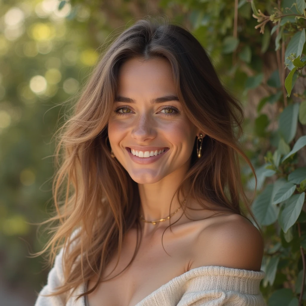 elle fait un sourire timide, maximise le contact visuel, petit rebond, jeune femme aux cheveux bruns, regard doux et confiant, légère inclination de la tête, décontractée mais attentive, vêtements simples mais élégants, dans un décor naturel d'extérieur calme, lumière douce et diffuse, 8k, ultra-détaillé, photorealistic, professional portrait photography, studio lighting, vivid colors, warm palette