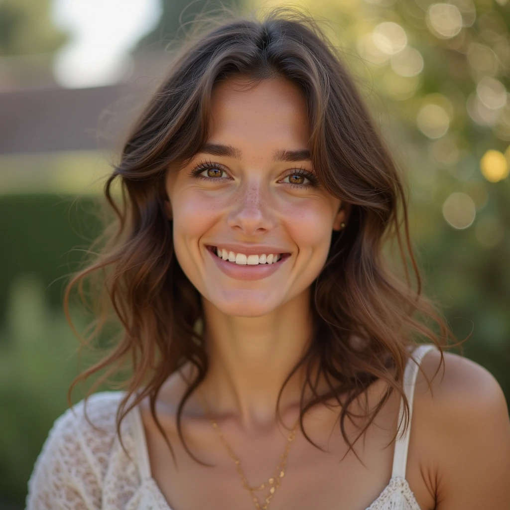elle fait un sourire timide, maximise le contact visuel, petit rebond, jeune femme aux cheveux bruns, regard doux et confiant, légère inclination de la tête, décontractée mais attentive, vêtements simples mais élégants, dans un décor naturel d'extérieur calme, lumière douce et diffuse, 8k, ultra-détaillé, photorealistic, professional portrait photography, studio lighting, vivid colors, warm palette
