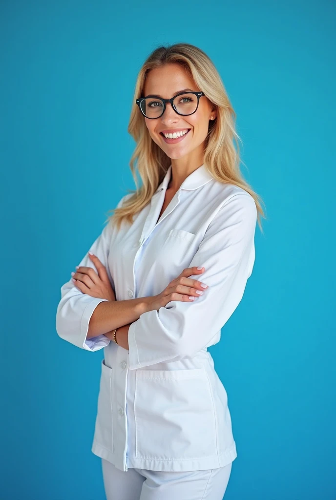 Full length portrait of a beautiful 24 year old blonde woman, wearing a nurse uniform, hospital, natural soft lights, 85mm canon lens, realistic portrait, Very detailed, analogue style, deep cleavage, sexy pose, big breasts, nerdy glasses, laughing out loud, from below, mostrando sugestivamente los pechos